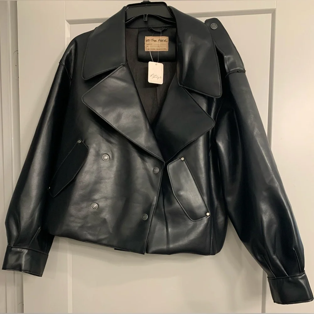 NWT Free People x We The Free Black Alexis Vegan Leather Moto Jacket size Large